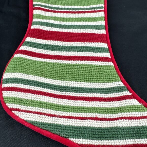 Peking Handicraft Embroidered Christmas Stocking Elf Shoe Red Green Stripes - Picture 3 of 11